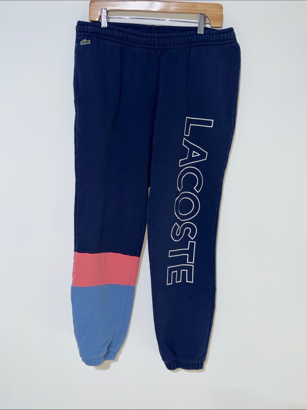 Lacoste Navy Sweatpants with Pink and Light Blue Panels men’s size large